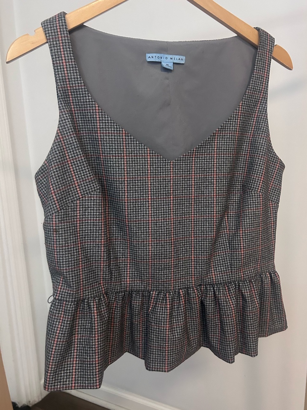 ANTONIO MELANI Gray Plaid‎ Peplum Camisole with Pink Windowpane
